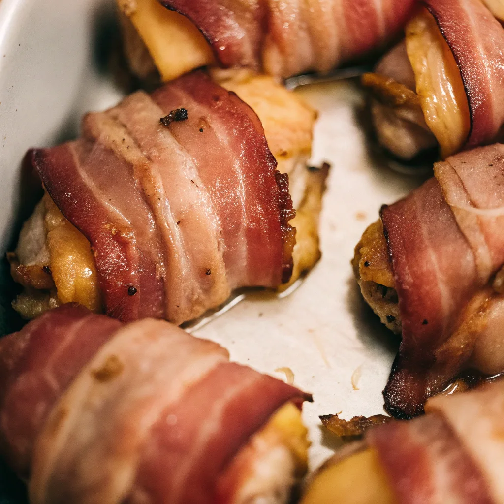 Cheddar cheese stuffed, bacon-wrapped chicken thighs