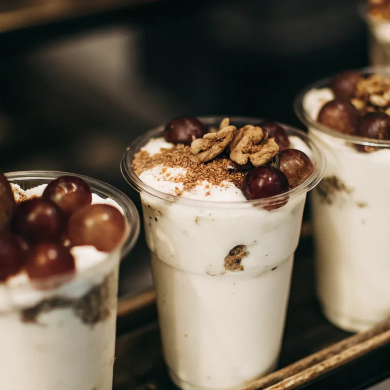 Chilled Greek Yogurt Grape cups with Walnuts and Cinnamon.