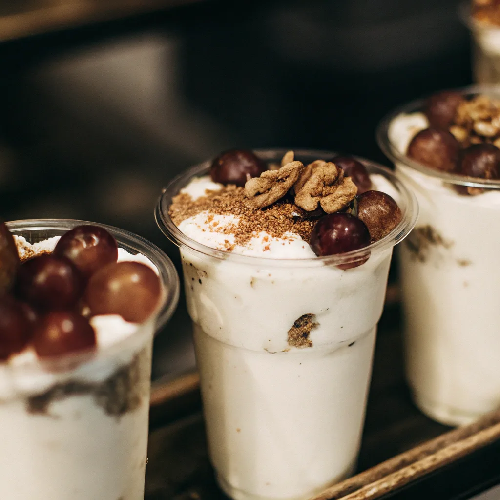 Chilled Greek Yogurt Grape cups with Walnuts and Cinnamon.
