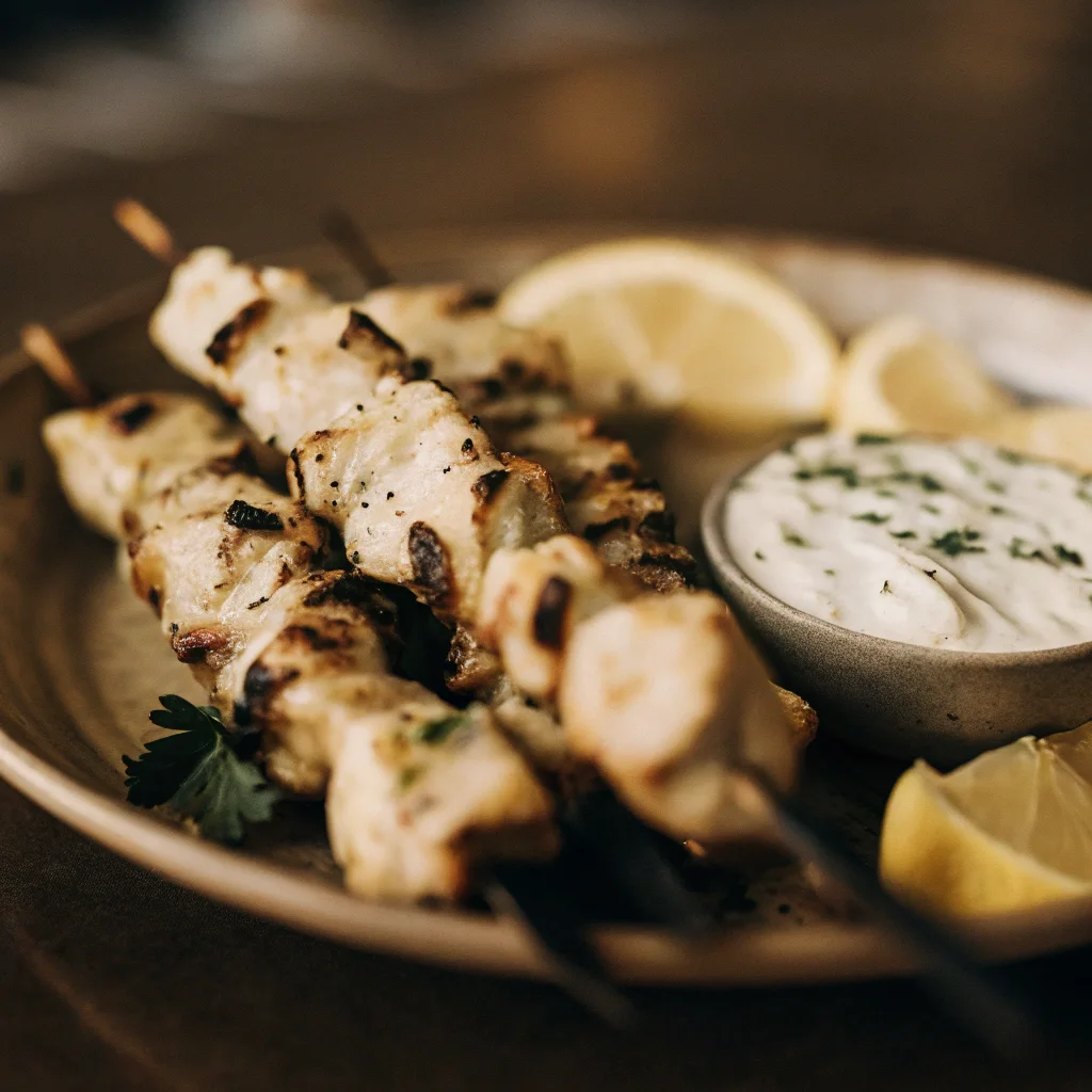 Greek lemon chicken souvlaki with tzatziki
