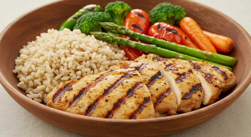 Grilled chicken with rice and veggies