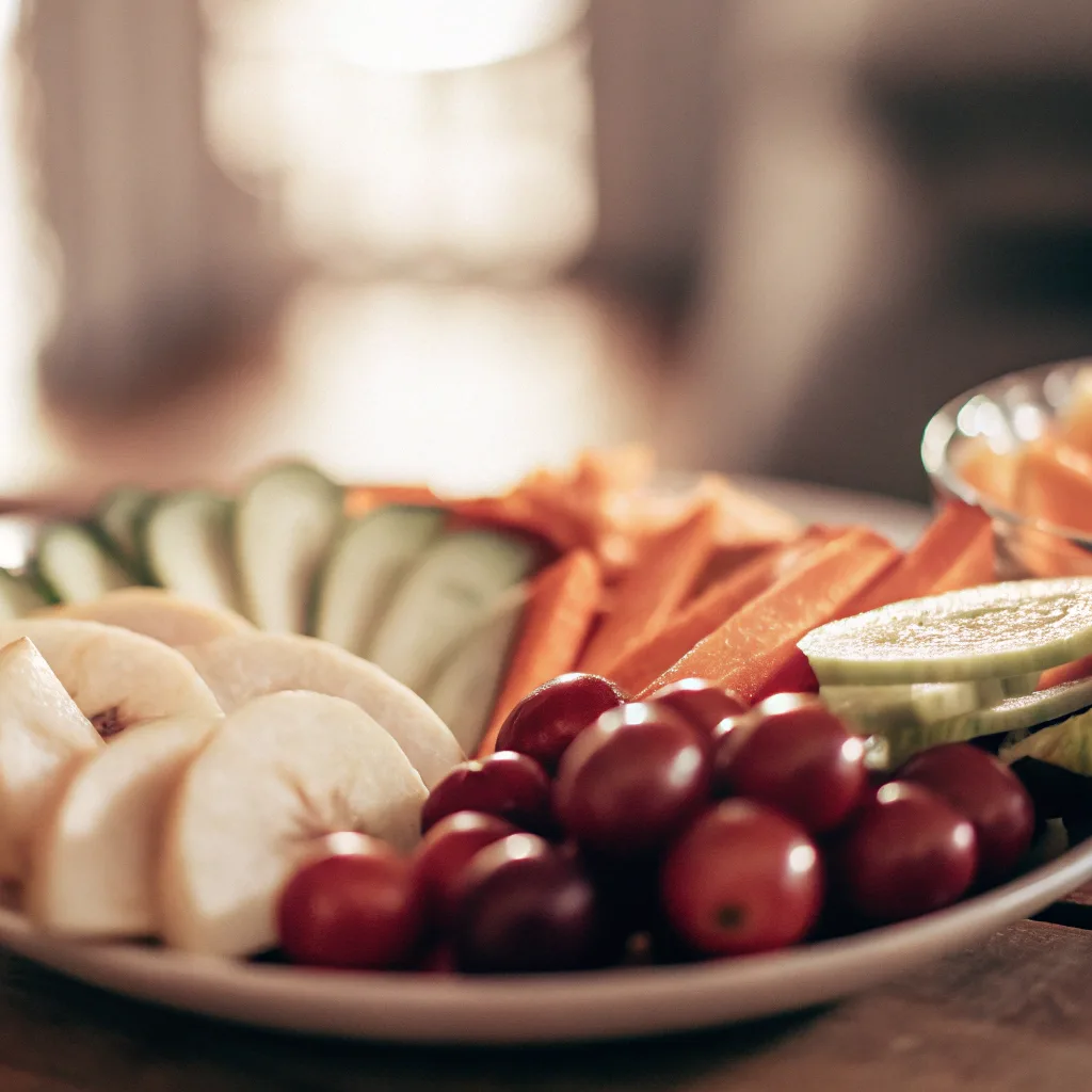 A plate full of fruits and vegetables