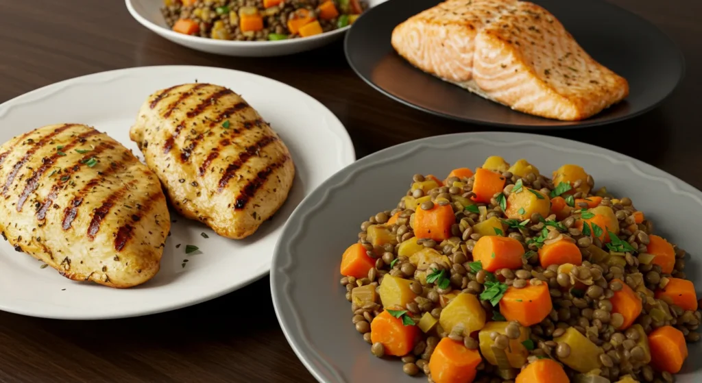 healthy proteins including chicken, fish, and legumes.