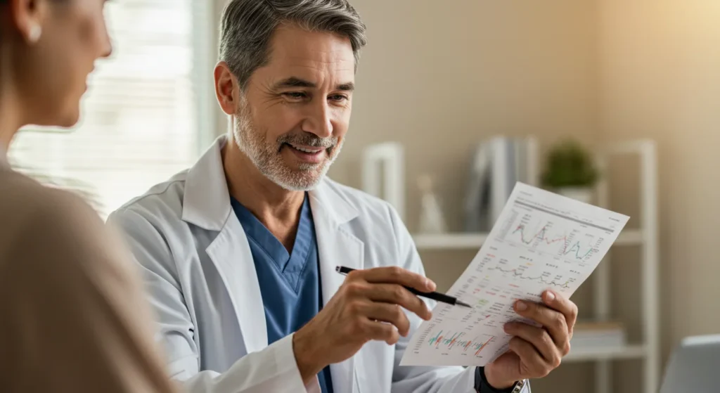 A doctor looking at a chart of improving numbers.