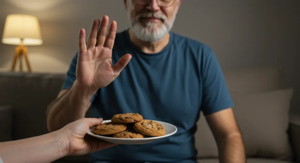 A man turns down dessert since he is feeling full