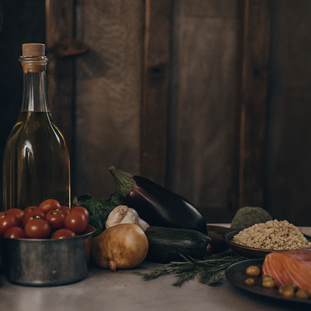 Olive oil, eggplant, tomato, brown rice, and salmon. All common on the Mediterranean diet.