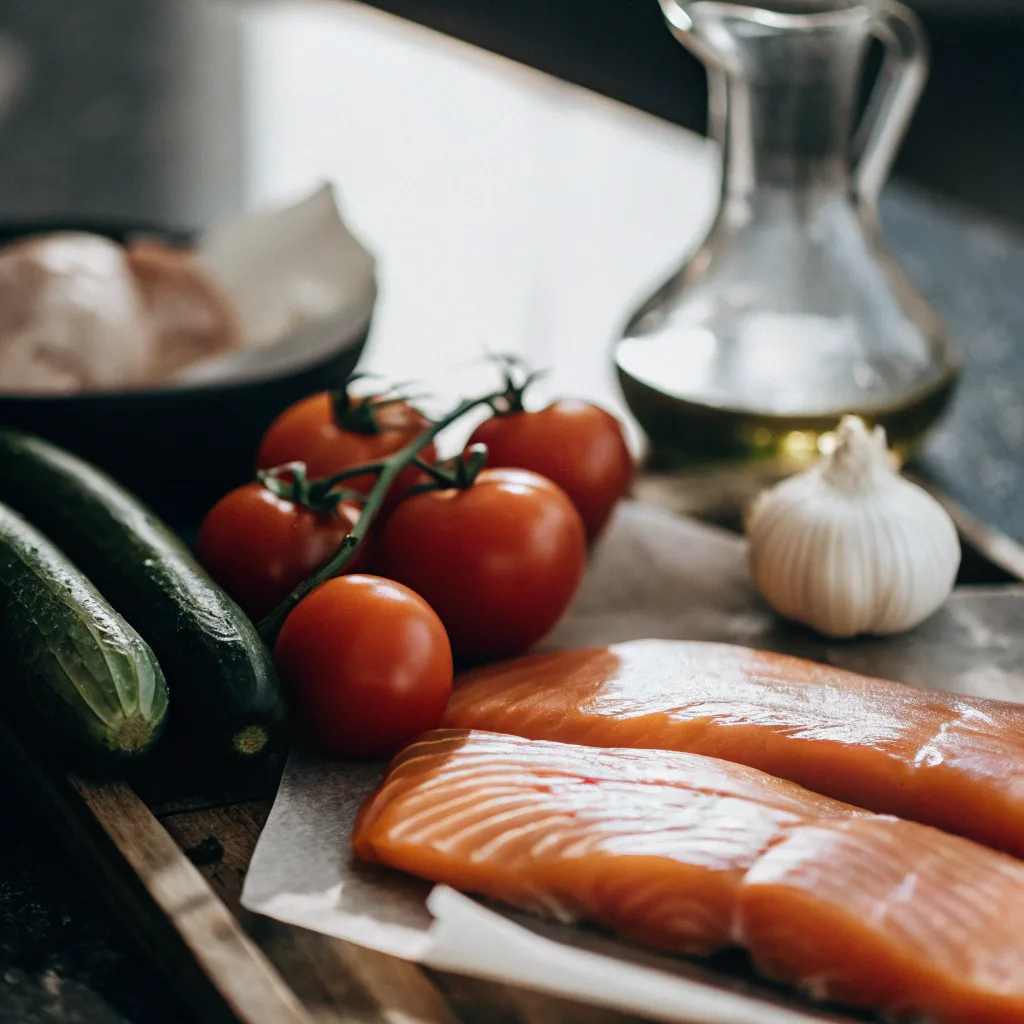 Salmon, tomatoes, cucumber, olive oil and fresh garlic