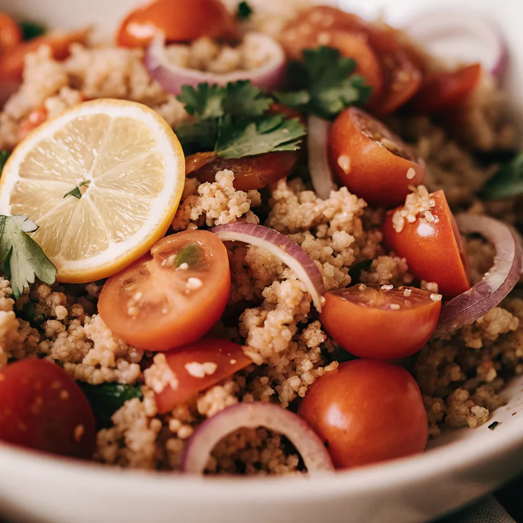 Zesty lemon tahini quinoa salad with tomatoes