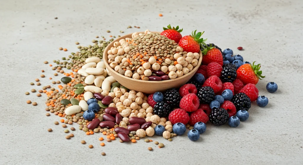 Berries, beans, and legumes. High fiber goodness.