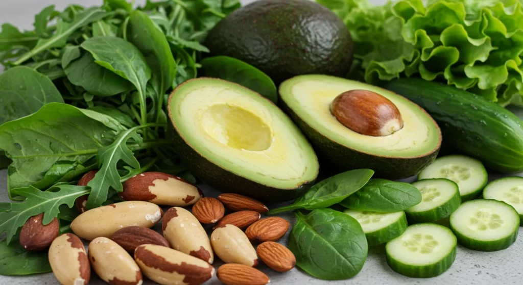 Avocadoes, nuts, leafy greens, and cucumber are all on these lists.