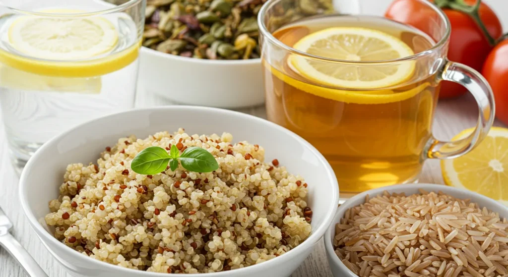 Quinoa, brown rice, green tea, and water. All great for anyone eating healthy.