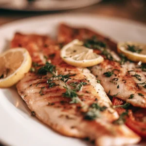 Grilled Greek style lemon herb sea bass