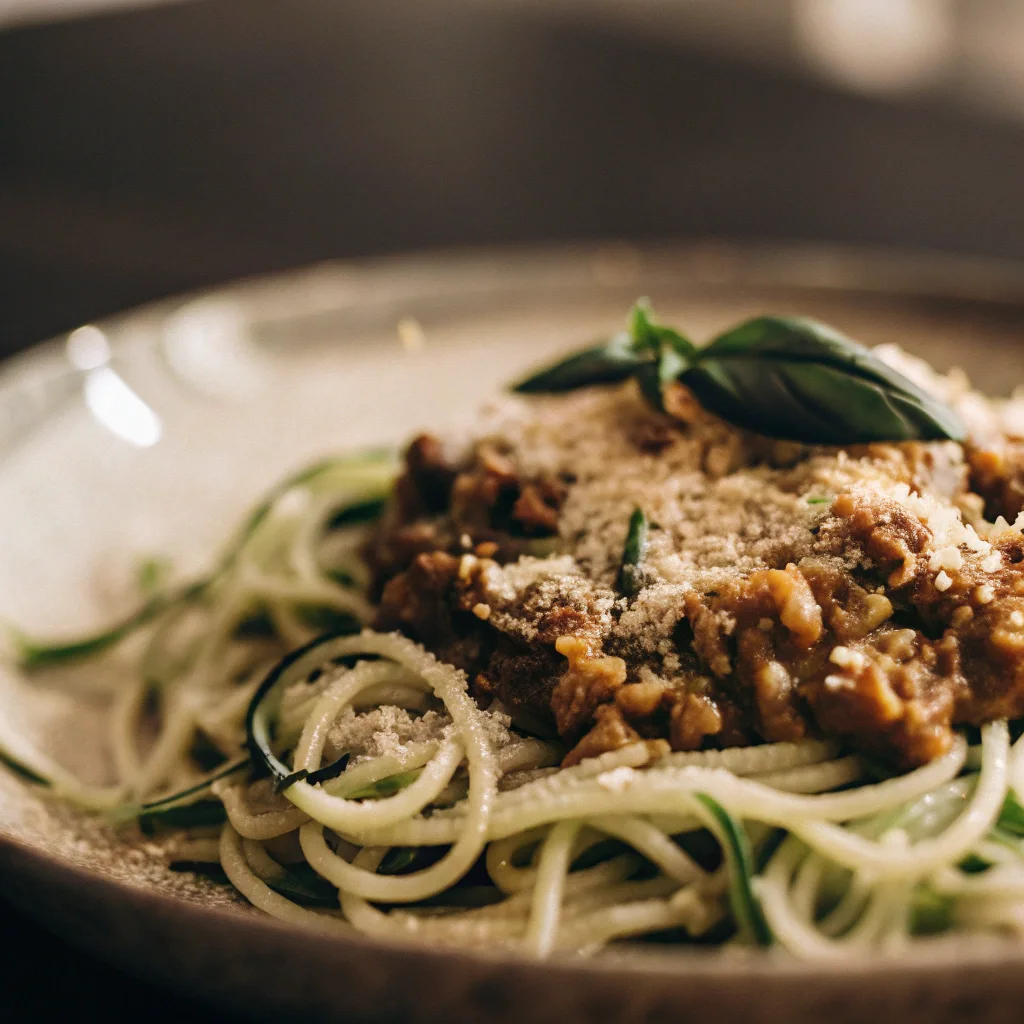 Vegan Eggplant with Walnut Bolognese over Zoodles